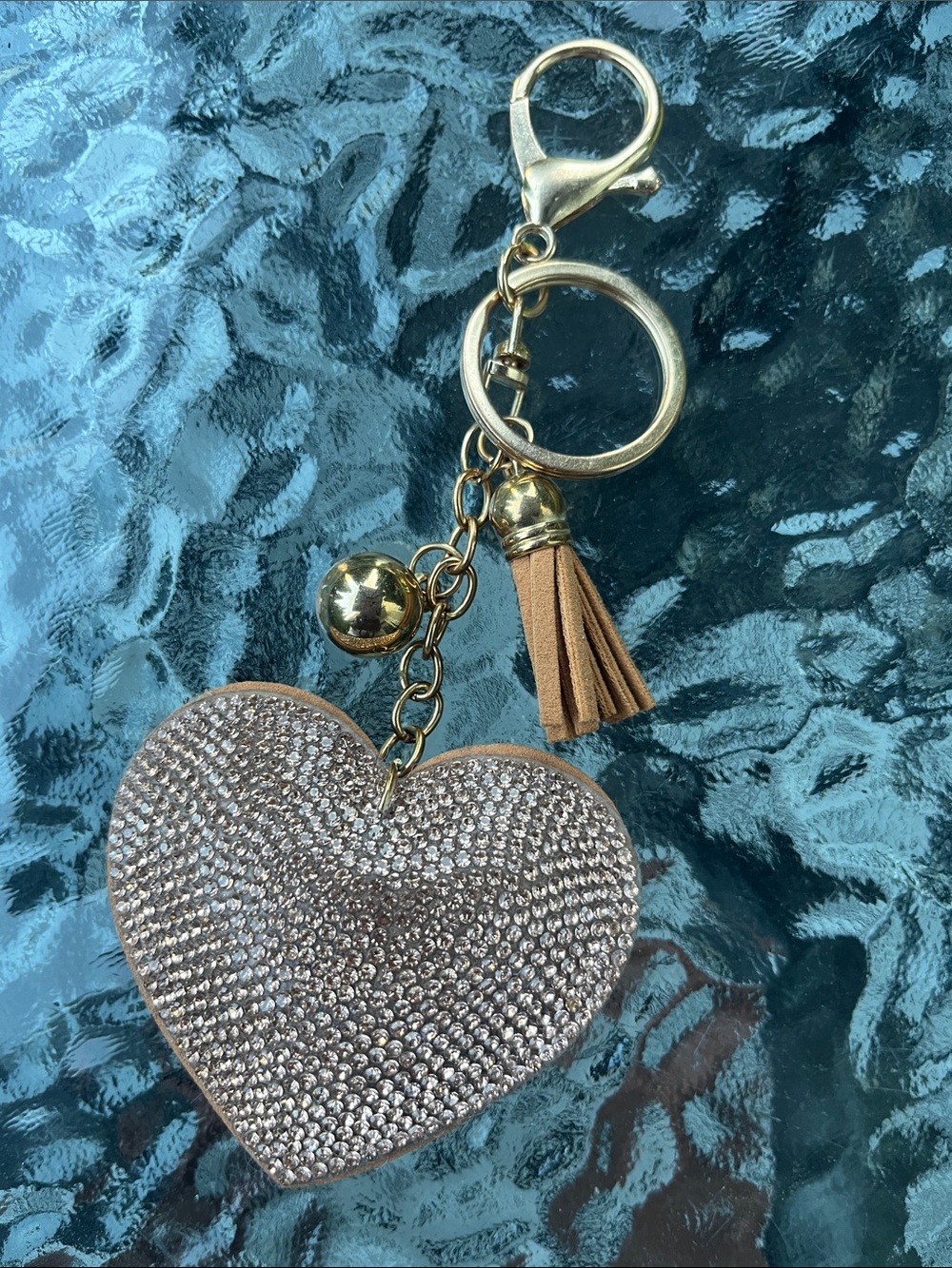 Heart Crystal Keychain Bag Charm - Gold & Tan